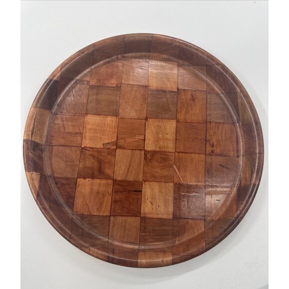 Vintage Parquet Weave Wood Round Serving Platter Large 13” Woven Mid Century MCM - Picture 8 of 11